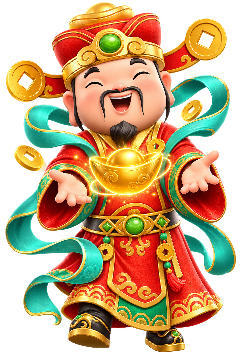Ilustração do personagem Caishen Wins ao lado do bloco principal do hero